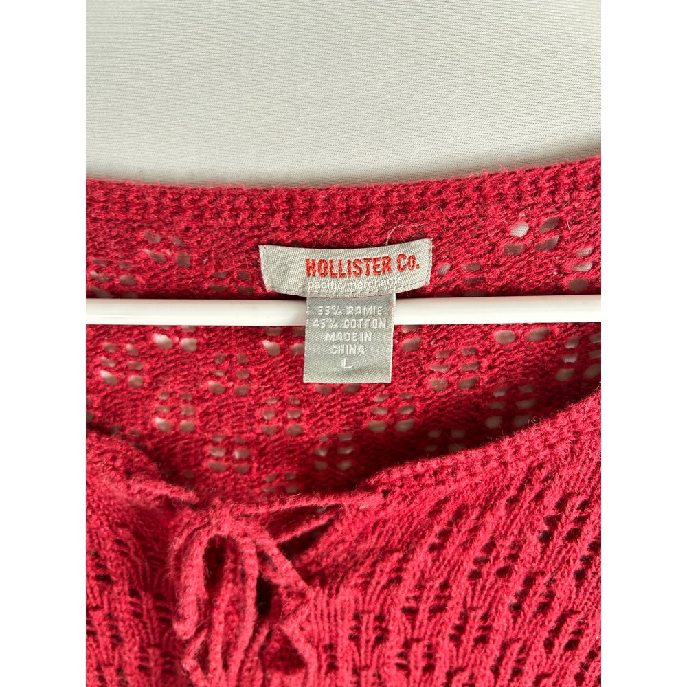 Hollister Co. Women's Red Crochet Knit Long Sleeve Lace-Up Top Blouse Size L Y2K - Picture 6 of 11